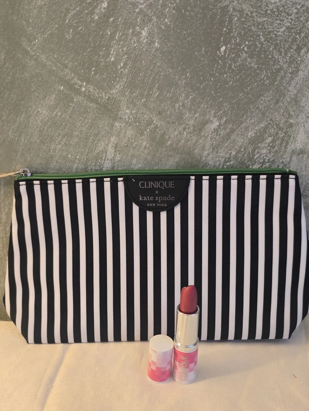Clinique x Kate Spade Black & White Striped Cosmetic Pouch & Lipstick Love Pop